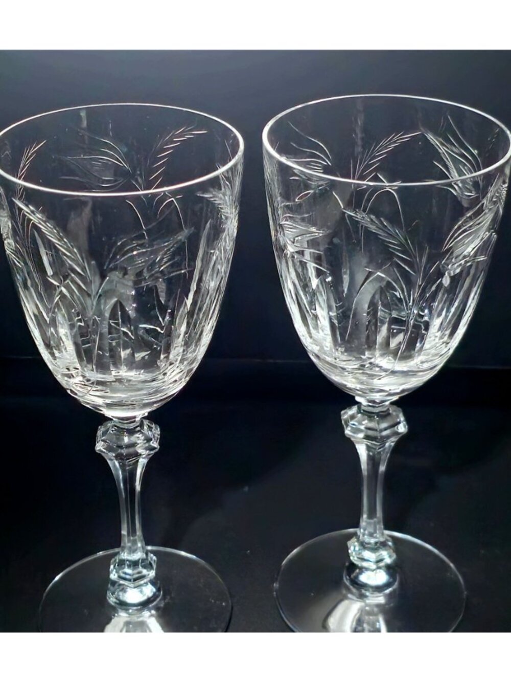 2 Tiffin Franciscan Moss Ross Water Goblets Etched Crystal Wine Glasses rare 60s - Picture 4 of 7